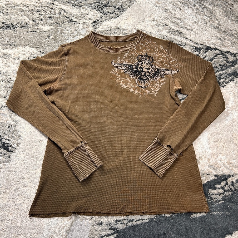Loku Thermal Shirt Mens XL Brown Waffle Knit Thrashed Y2K Grunge MMA Elite